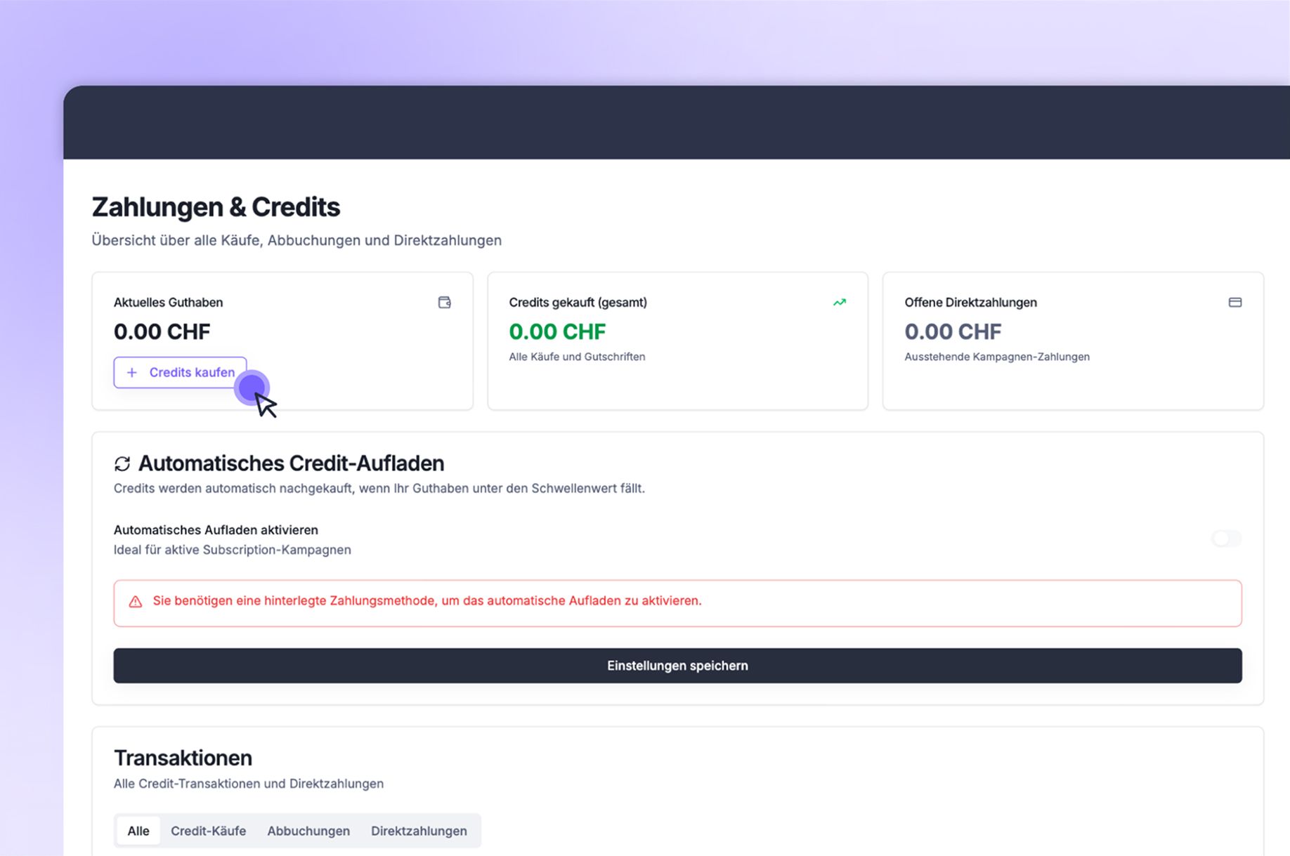 Credits Page im Adquira Tool