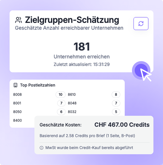 Firmen-Datenbank Schweiz in Adquira mit Suchergebnissen und Filtern